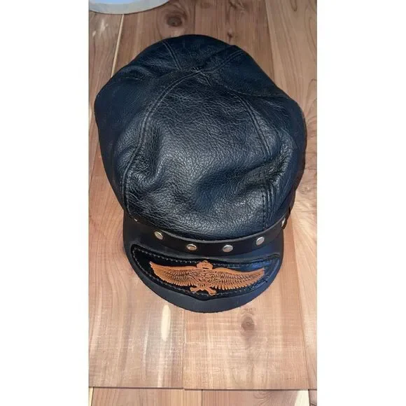 VintageFreedom Machine Leather Studded Biker Cap Hat Black Size‎ One Size USA